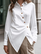 Design-Focused, Niche, Irregular Waist-Cinching, And Fashionable Long-Sleeved Shirt Top, Light Luxury British Style Shirt for Women, Spring Irregular Loose Design, Easy And Elegant Top, Trendy And Versatile, Cross-Button Irregular Shirt for Women - White