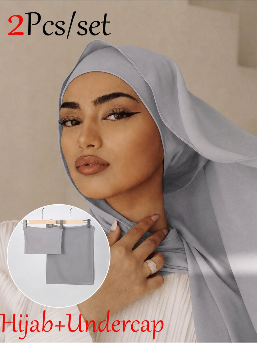 2pcs/Set Includes One Solid-Color Chiffon Headscarf And One Tube-Style Under-Cap. Made from High-Quality, Durable Chiffon, The Set Is Smooth, Comfortable, And Breathable. Suitable for Daily Wear, Commuting, And Eid Prayers; Perfect for All Seasons - Silvery Grey