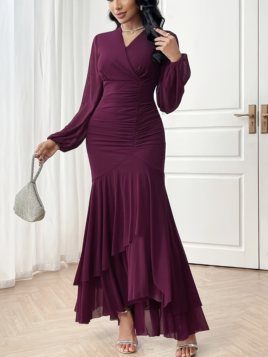 YY0309143 French-Style Elegant V-Neck Pleated Dress, Sexy Mermaid Hem Long Sleeve Maxi Dress, High-End Evening Party Gown - Rose Red