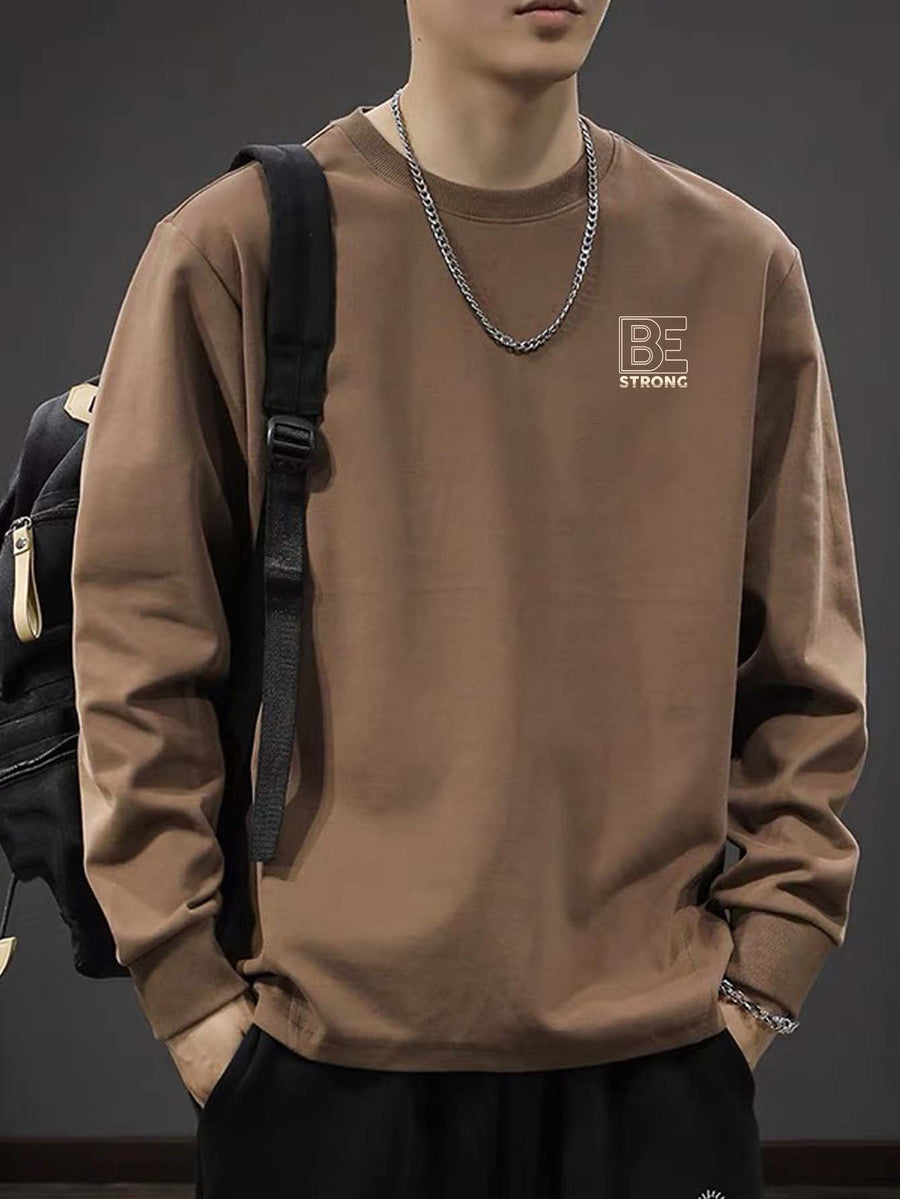 [Genghis Khan & Sue Dian] 2024 New Men'S Round Neck Long Sleeve T-Shirt Loose Plus Size Trendy Brand T-Shirt Spring Autumn Sweatshirt Base Layer Men'S C005-D - Coffee Color
