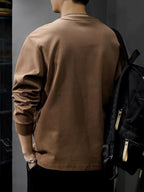 [Genghis Khan & Sue Dian] 2024 New Men'S Round Neck Long Sleeve T-Shirt Loose Plus Size Trendy Brand T-Shirt Spring Autumn Sweatshirt Base Layer Men'S C005-D - Coffee Color
