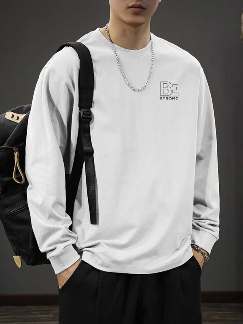 [Genghis Khan & Sue Dian] 2024 New Men'S Round Neck Long Sleeve T-Shirt Loose Plus Size Trendy Brand T-Shirt Spring Autumn Sweatshirt Base Layer Men'S C005-D - White