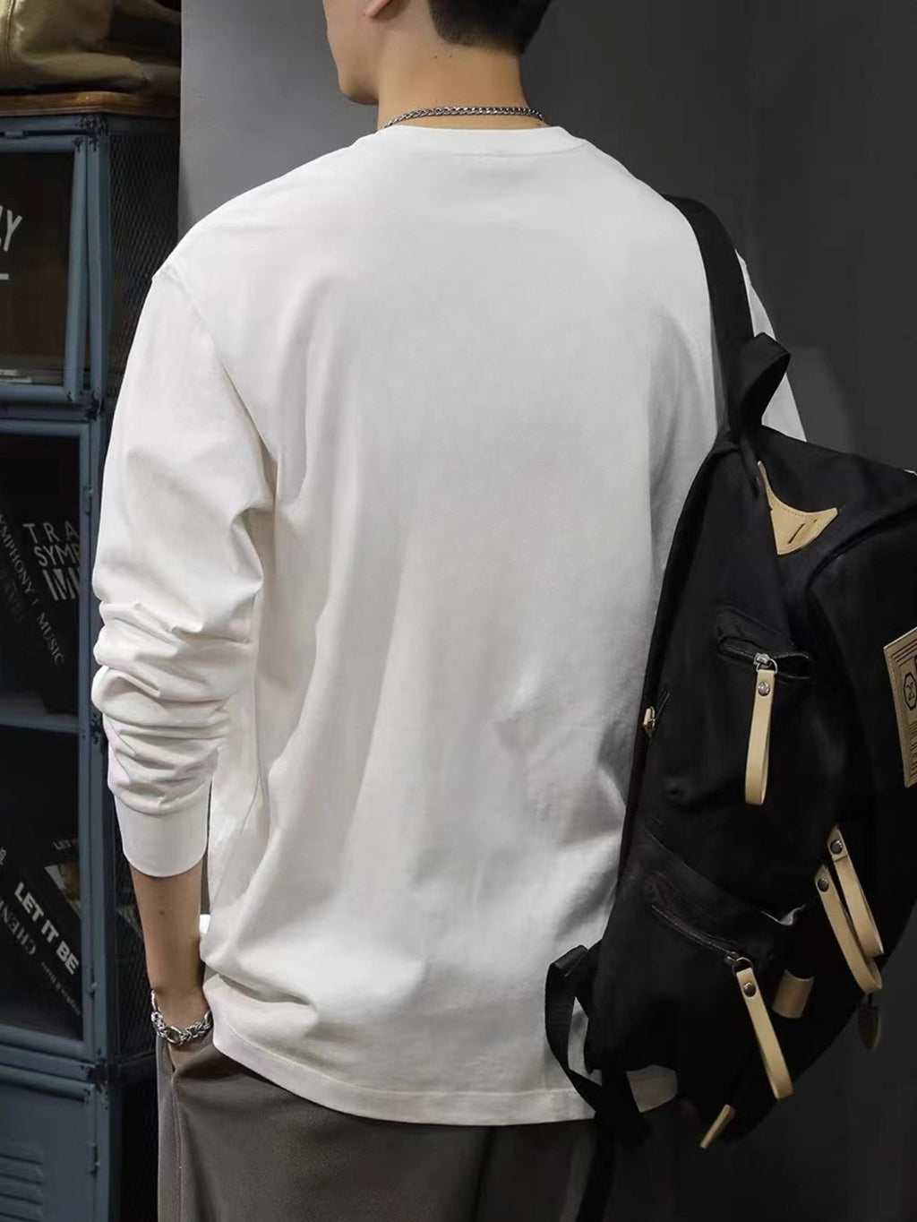 [Genghis Khan & Sue Dian] 2024 New Men'S Round Neck Long Sleeve T-Shirt Loose Plus Size Trendy Brand T-Shirt Spring Autumn Sweatshirt Base Layer Men'S C005-D - White