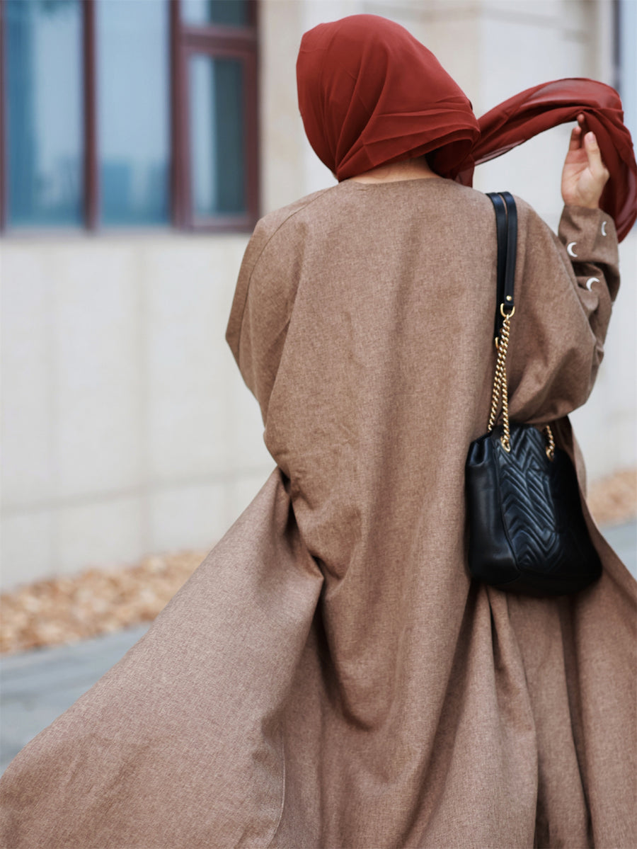Middle Eastern Elegant Moon Embroidered Sleeve Abayas, Dubai Turkish Style Outerwear Kaftans - Coffee Color