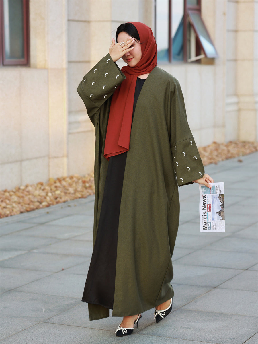 Middle Eastern Elegant Moon Embroidered Sleeve Abayas, Dubai Turkish Style Outerwear Kaftans - Olive Green