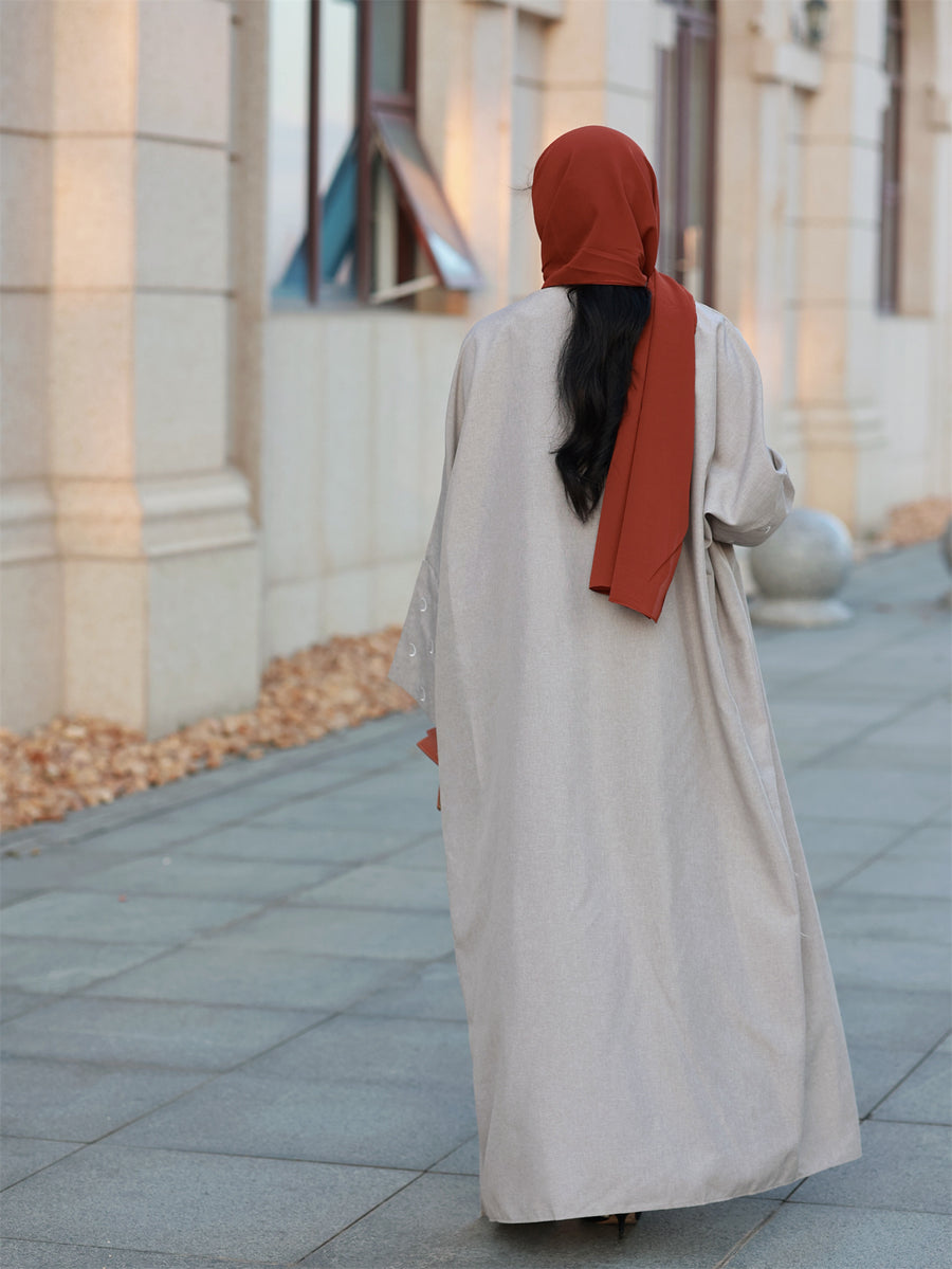 Middle Eastern Elegant Moon Embroidered Sleeve Abayas, Dubai Turkish Style Outerwear Kaftans - Light Grey