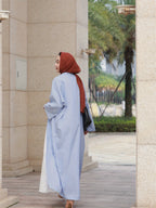 Middle Eastern Elegant Moon Embroidered Sleeve Abayas, Dubai Turkish Style Outerwear Kaftans - Sky Blue