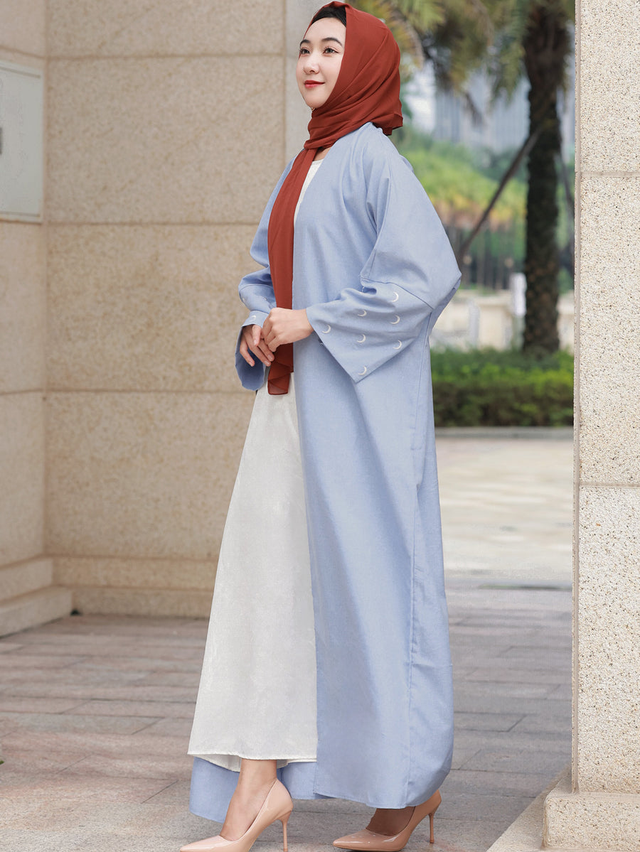 Middle Eastern Elegant Moon Embroidered Sleeve Abayas, Dubai Turkish Style Outerwear Kaftans - Sky Blue