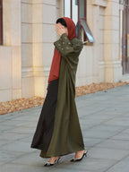 Middle Eastern Elegant Moon Embroidered Sleeve Abayas, Dubai Turkish Style Outerwear Kaftans - Olive Green