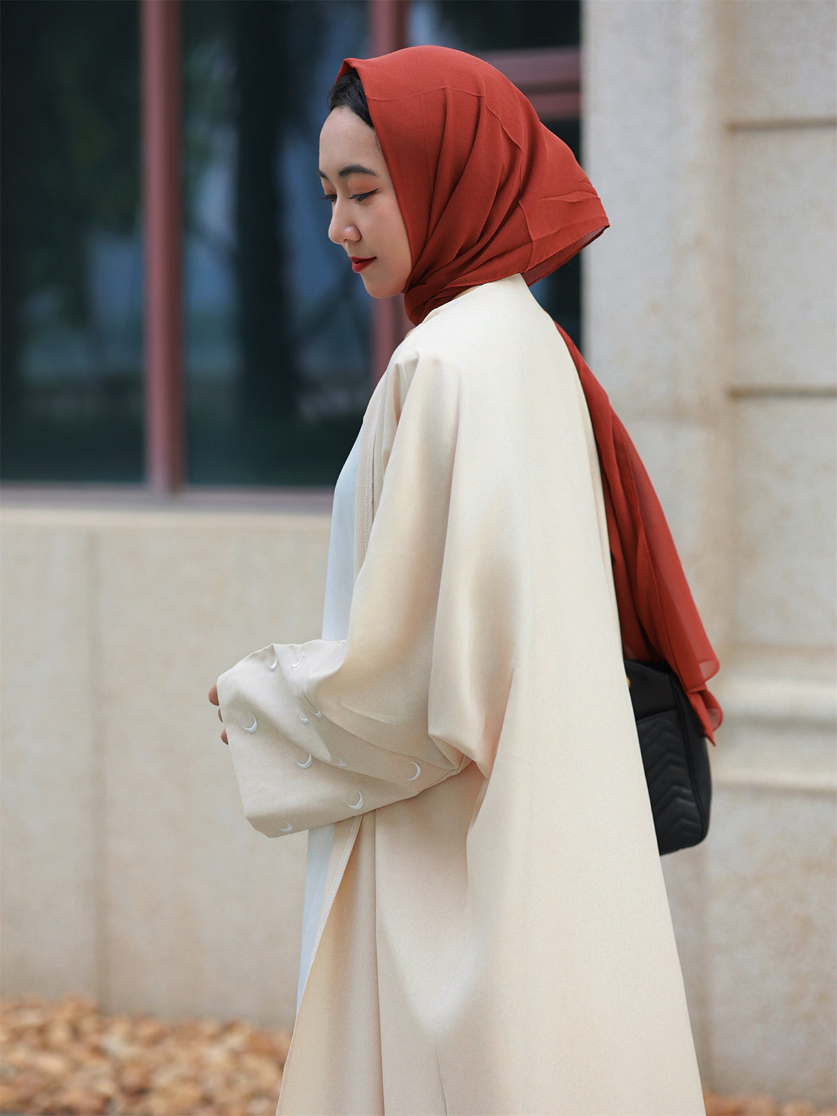 Middle Eastern Elegant Moon Embroidered Sleeve Abayas, Dubai Turkish Style Outerwear Kaftans - Apricot