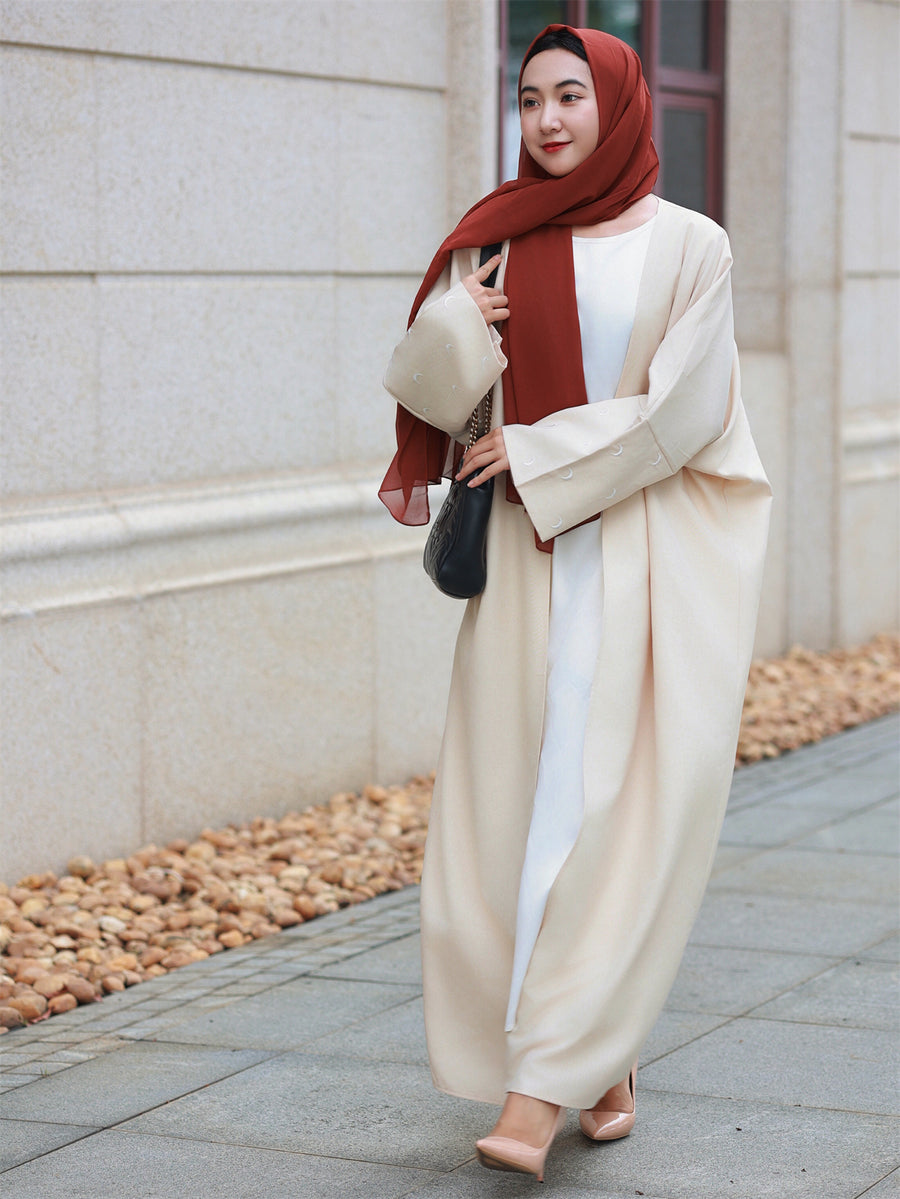 Middle Eastern Elegant Moon Embroidered Sleeve Abayas, Dubai Turkish Style Outerwear Kaftans - Apricot