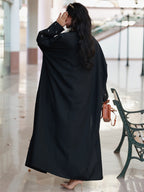 Middle Eastern Elegant Moon Embroidered Sleeve Abayas, Dubai Turkish Style Outerwear Kaftans - Black
