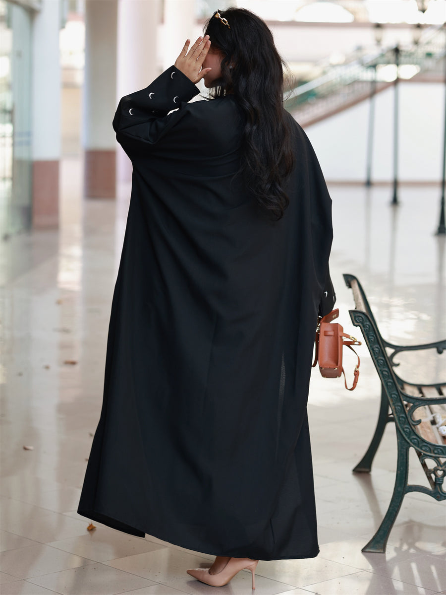Middle Eastern Elegant Moon Embroidered Sleeve Abayas, Dubai Turkish Style Outerwear Kaftans - Black