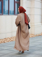 Middle Eastern Elegant Moon Embroidered Sleeve Abayas, Dubai Turkish Style Outerwear Kaftans - Coffee Color