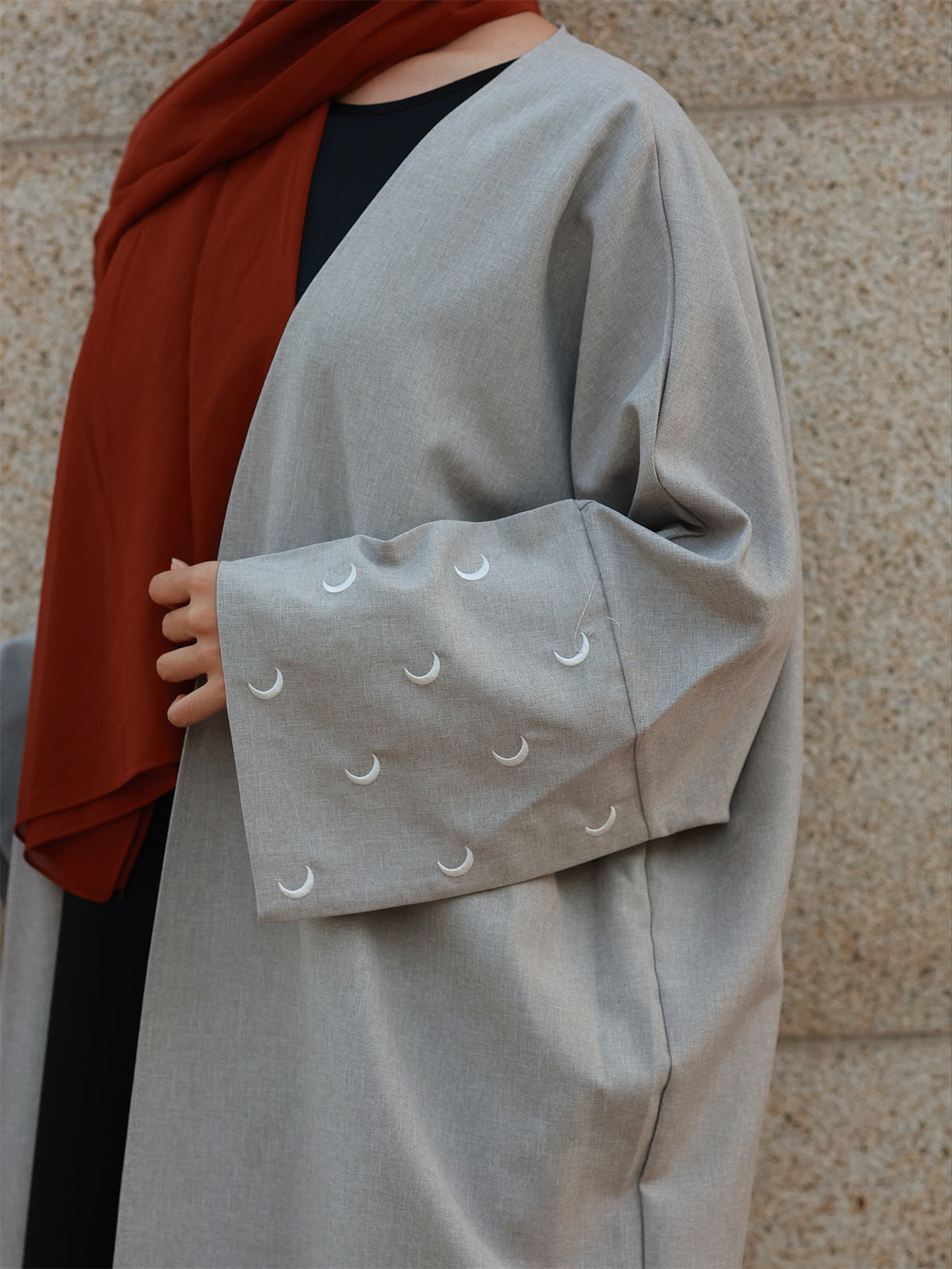 Middle Eastern Elegant Moon Embroidered Sleeve Abayas, Dubai Turkish Style Outerwear Kaftans - Light Grey