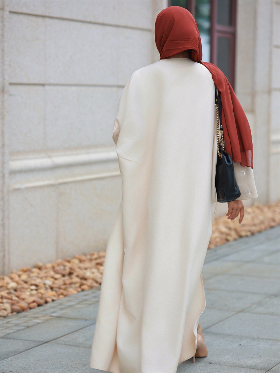 Middle Eastern Elegant Moon Embroidered Sleeve Abayas, Dubai Turkish Style Outerwear Kaftans - Apricot