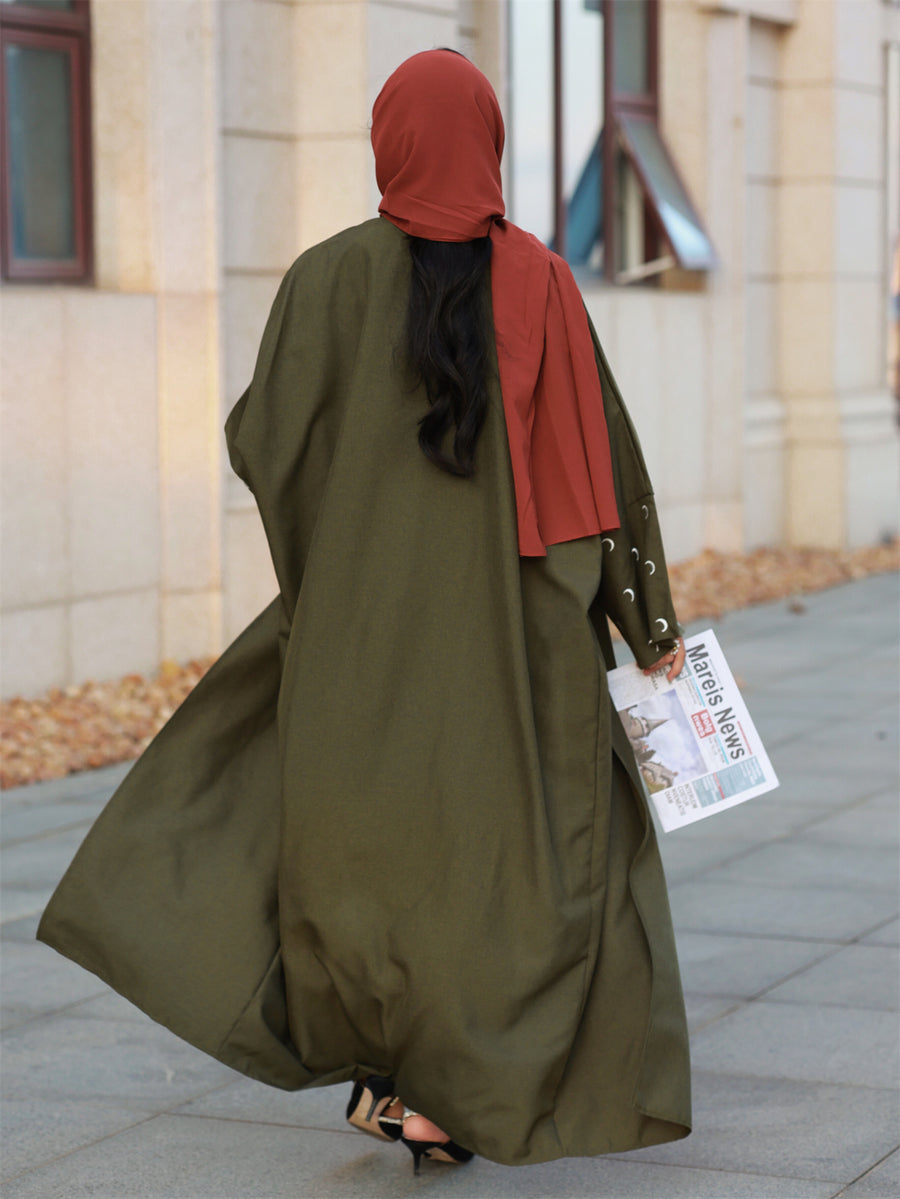 Middle Eastern Elegant Moon Embroidered Sleeve Abayas, Dubai Turkish Style Outerwear Kaftans - Olive Green