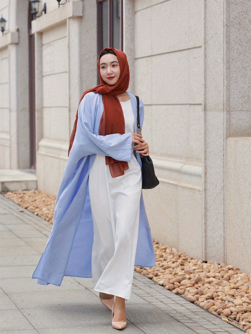 Middle Eastern Elegant Moon Embroidered Sleeve Abayas, Dubai Turkish Style Outerwear Kaftans - Sky Blue