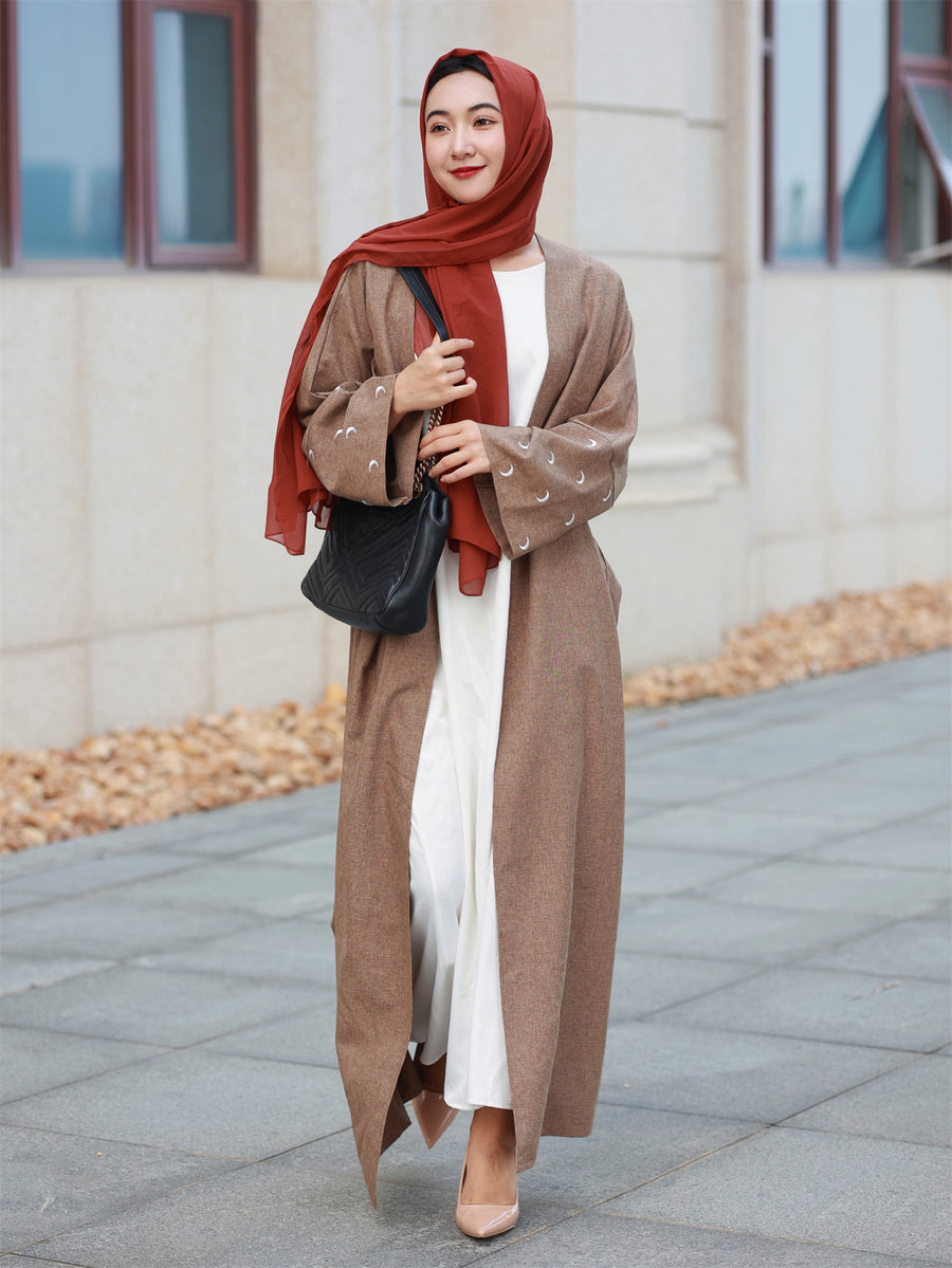 Middle Eastern Elegant Moon Embroidered Sleeve Abayas, Dubai Turkish Style Outerwear Kaftans - Coffee Color