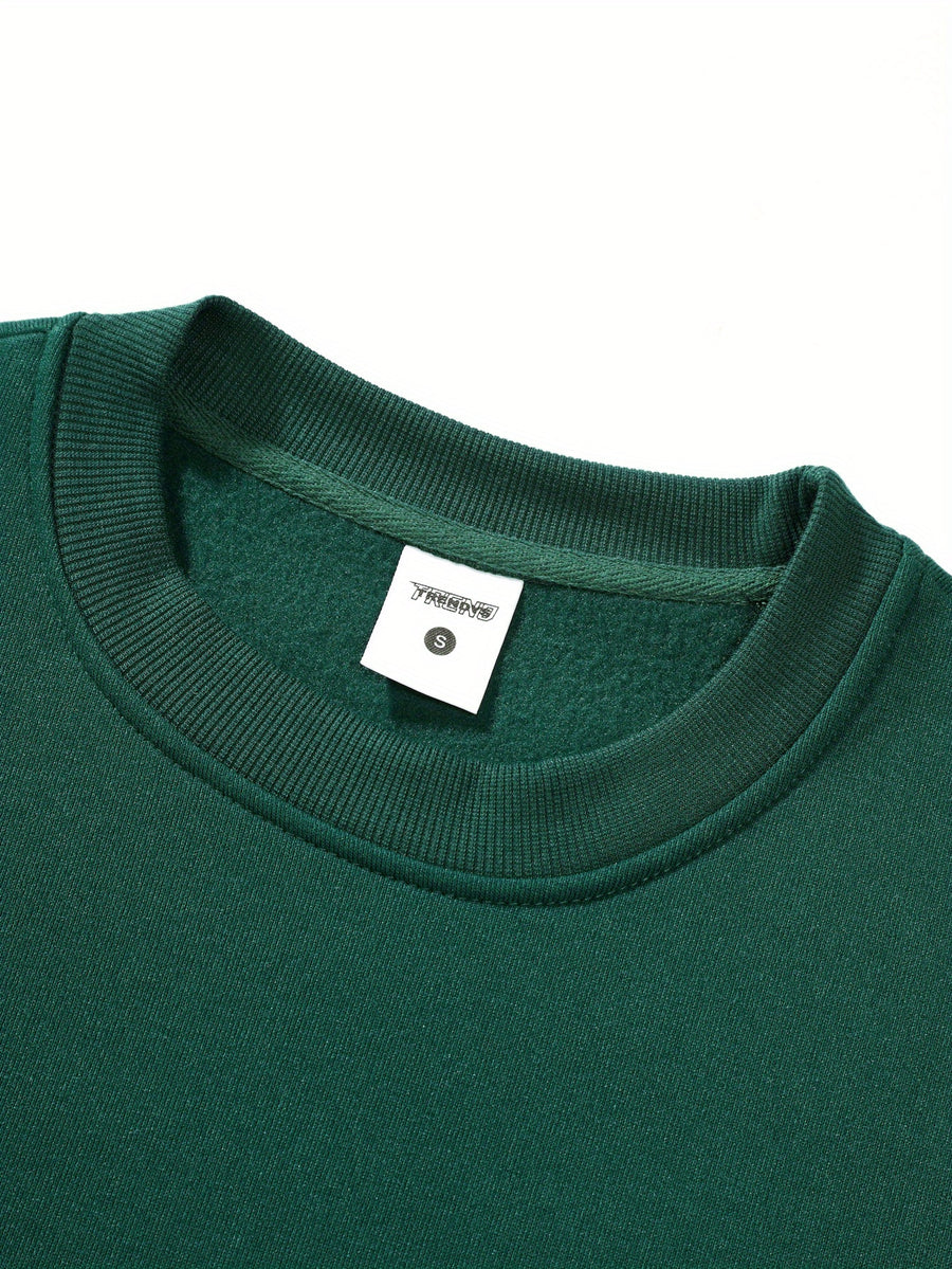 Men's Basic Crew Neck Sweatshirt with Small Galloping Horse Print on Left Chest, Casual Long Sleeve Top, Loose Fit, Versatile Solid Color Pullover Sport Sweatshirt (2) - Green