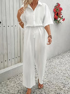 Women'S Shirt New Loose Jumpsuit, Spring Summer Autumn - New White Jumpsuit for Women, Waist-Cinching Wide-Leg Jumpsuit Design. All-Season Casual Lapel Jumpsuit, Suitable for Vacation, Leisure, Versatile Multi-Occasion Shirt for Women - White