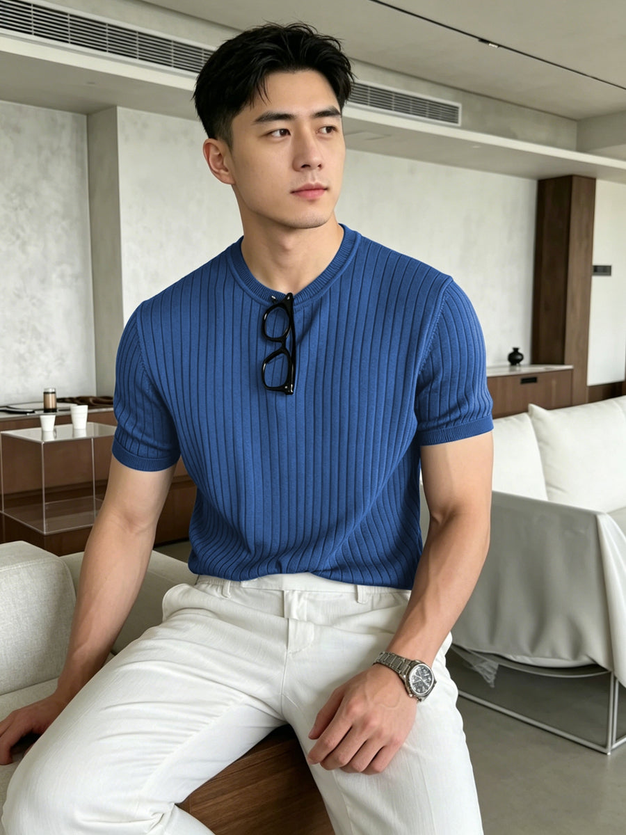 LVLAEA Men's Solid Color Ribbed Knit T-Shirt - Stretch Short Sleeve Round Neck Athletic Top, Breathable Gym & Casual Wear Suitable for Running, Workout, Daily Use, Father's Day/Christmas Gift, Non- Solid Color Shirt - Sea Blue