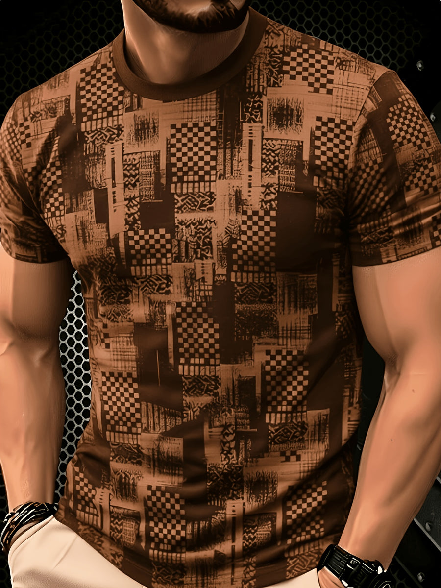 2026 Men'S All-Match Breathable Comfortable New Casual Top, Black Gray Blue Plaid Patchwork Print T-Shirt, Men'S Round Neck Short Sleeve Business Casual Top, Low-Key Premium, Plaid Patchwork, Abstract Lines, Dark Tone Texture, Daily Casual Wear - Style 10