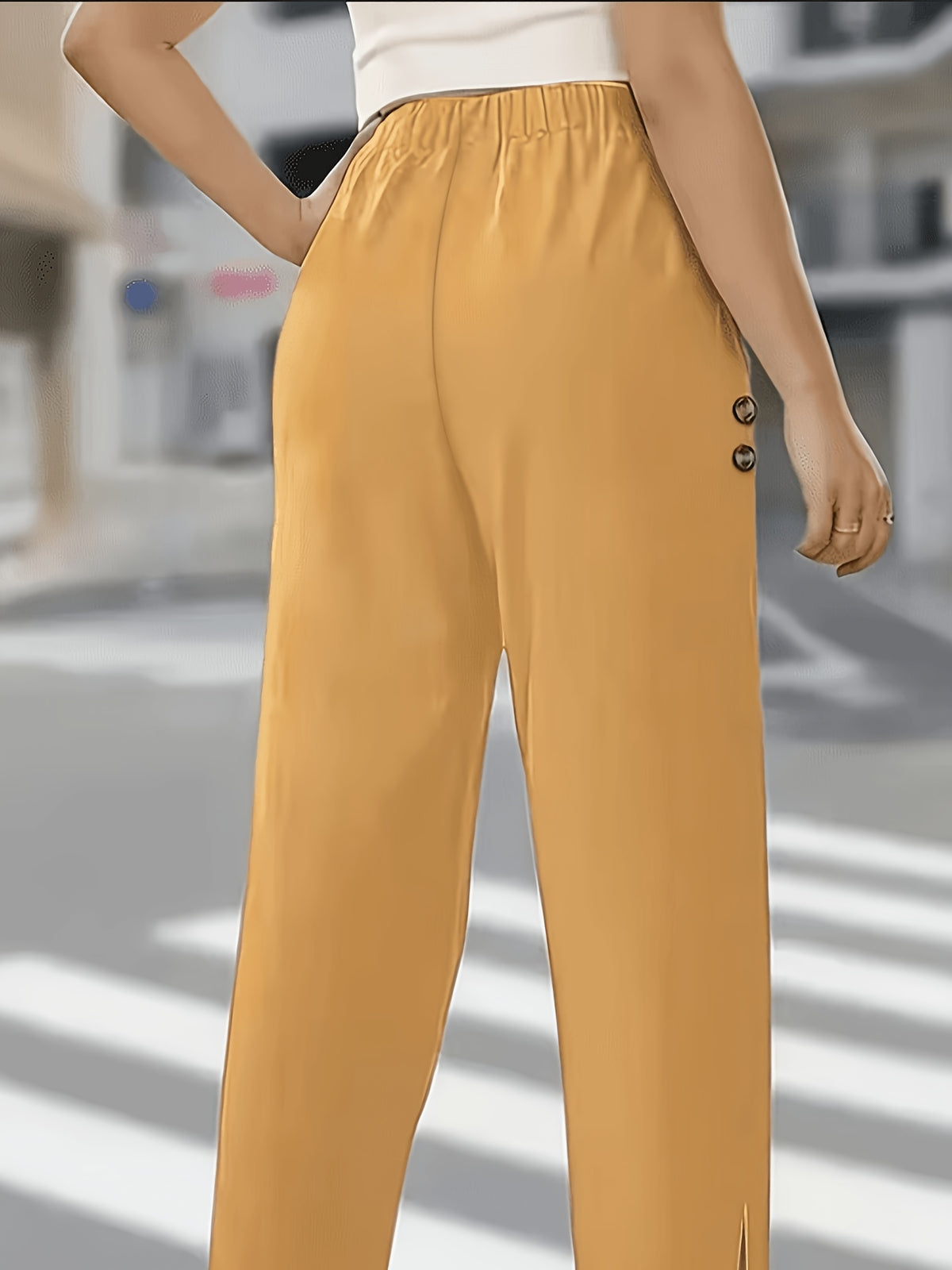 Solid Color Elegant Ankle Pants with Buttoned Pockets, Featuring a Slit Cuff Design for Added Dynamism, Suitable for Daily Outings or Commuting - Yellow
