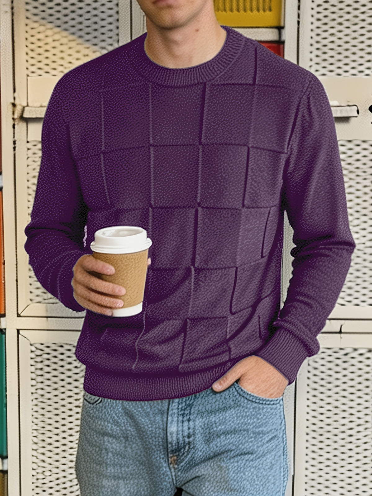 Men'S Round Neck Plaid Textured Knit Sweater, Long Sleeve Soft Lightweight Pullover, Suitable for Business Casual Wear - Gray Purple