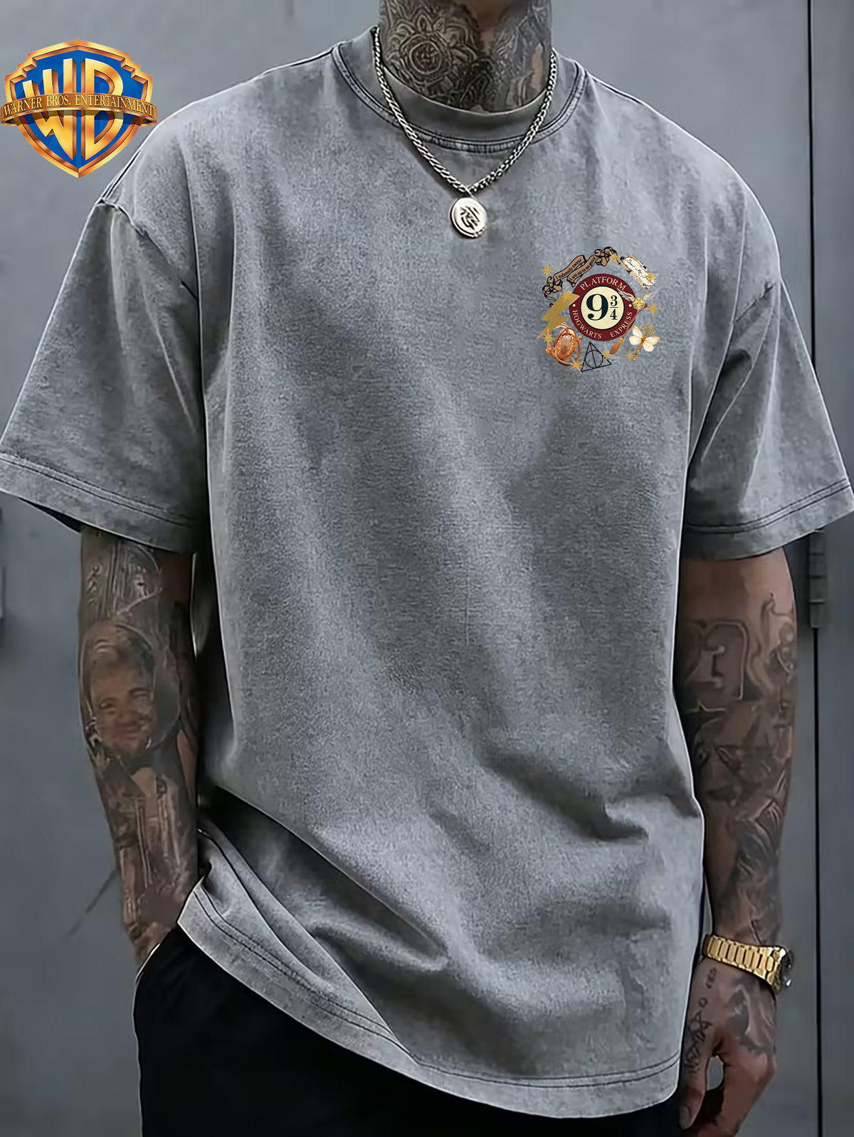 Warner Bros Official Vintage Magic Props Collection Print Washed Distressed T-Shirt, Men's 100% Pure Fabric, Casual and Comfortable Style, Loose Fit Breathable Short Sleeve Men's Casual Top, Distressed Washed Loose Fit - Grey