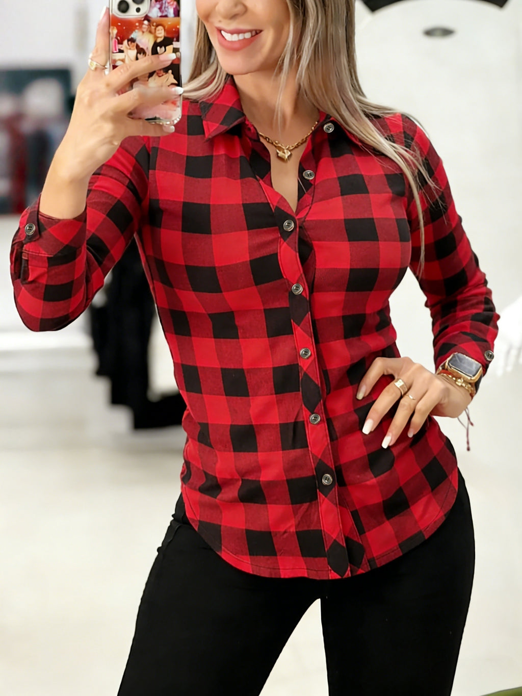 Women's Elegant Special Line Long Sleeve Button-Up Shirt - Loose Fit Lapel Collar Blouse, Double-Color Checkered ( & Color), Single-Breasted Door Placket, Suitable for Spring Summer Fall Casual Outdoor Wear, Office & Semi-Formal Attire - Red check