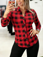 Women's Elegant Special Line Long Sleeve Button-Up Shirt - Loose Fit Lapel Collar Blouse, Double-Color Checkered ( & Color), Single-Breasted Door Placket, Suitable for Spring Summer Fall Casual Outdoor Wear, Office & Semi-Formal Attire - Red check