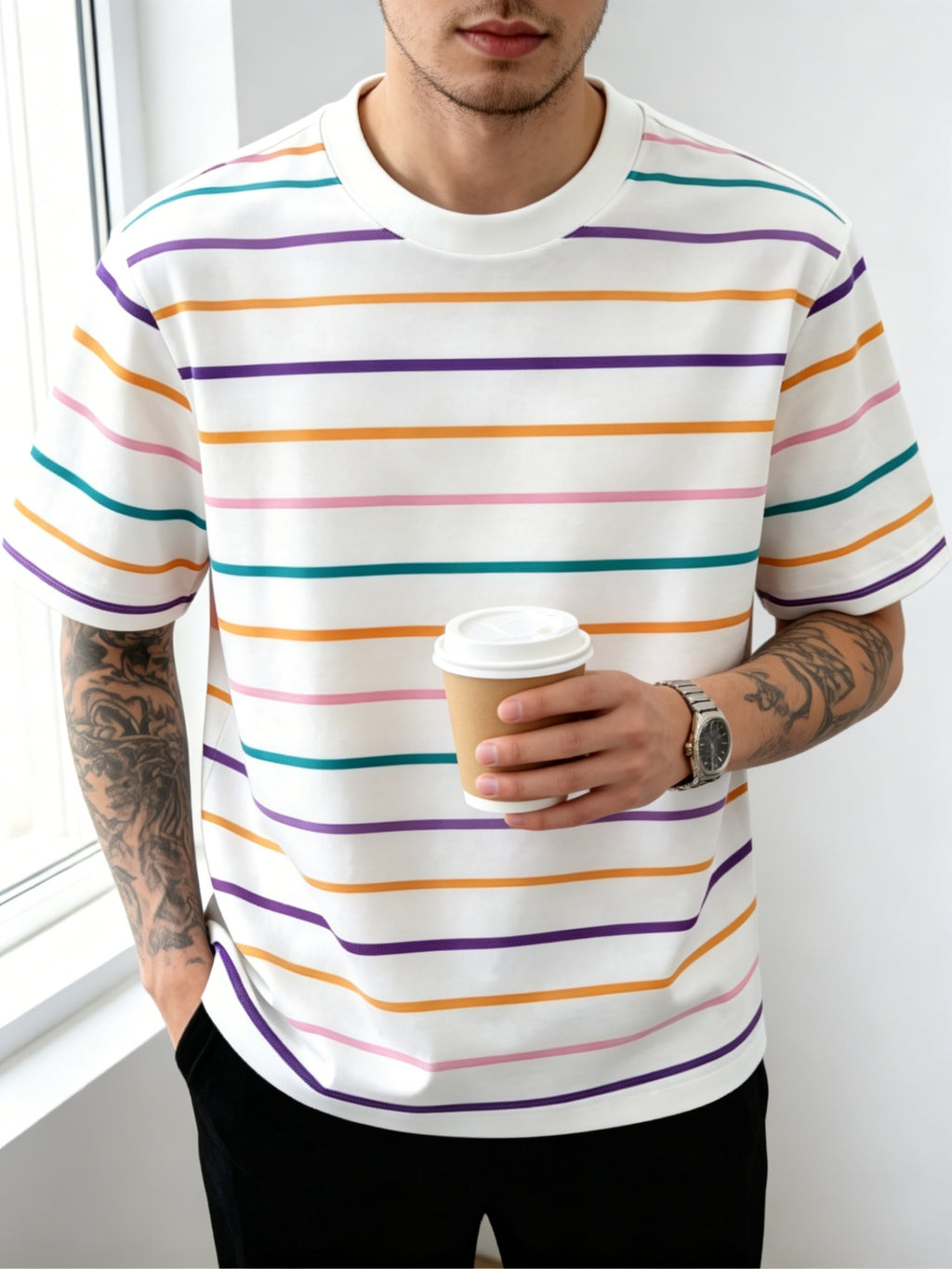 Summer Men'S White Base Colorful Striped Short Sleeve T-Shirt Breathable Comfortable Slightly Elastic Crew Neck Regular Fit Daily Casual Wear - Mixed colors