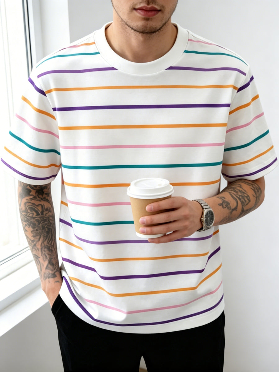 Summer Men'S White Base Colorful Striped Short Sleeve T-Shirt Breathable Comfortable Slightly Elastic Crew Neck Regular Fit Daily Casual Wear - Mixed colors