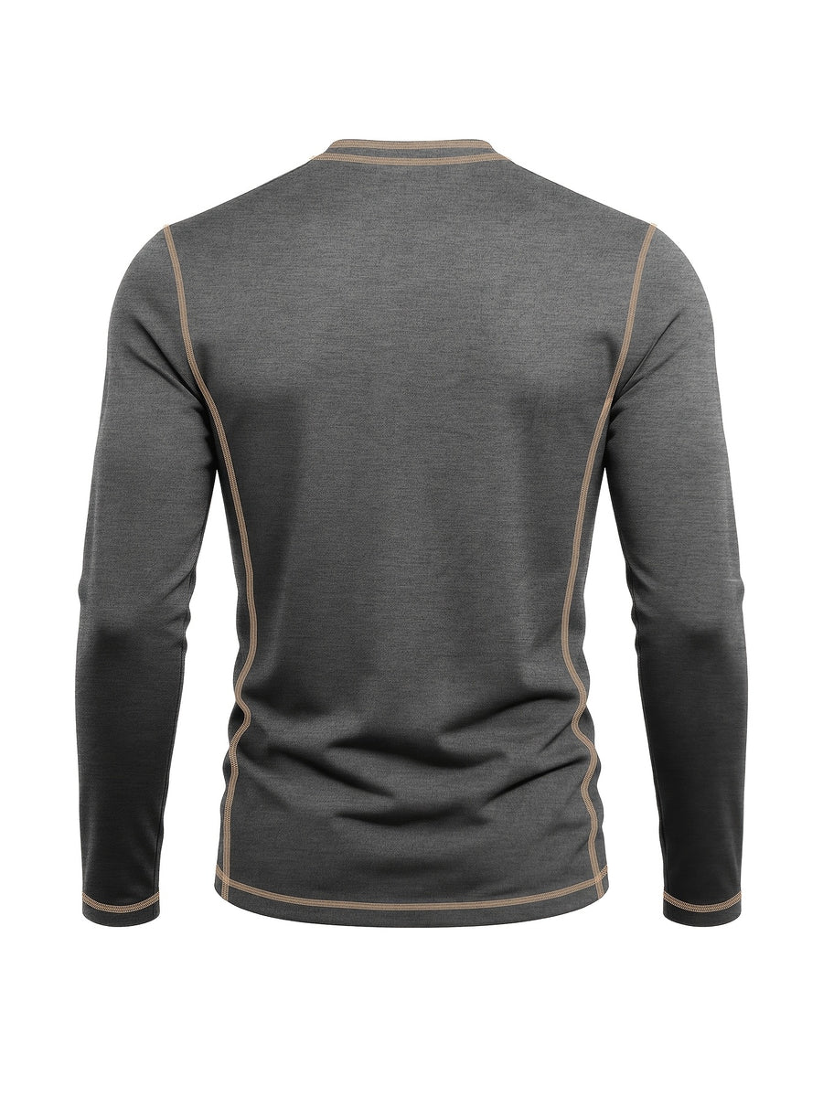 Men's Retro Patchwork T-Shirt - Solid Color Base with Contrast Patch Suitable for Fall/Winter, Round Neck Long Sleeve Casual Layering Top, Machine Washable Blending Shirt for Outdoor & Casual Attire (Regular Fit) - Dark Gray