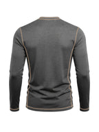 Men's Retro Patchwork T-Shirt - Solid Color Base with Contrast Patch Suitable for Fall/Winter, Round Neck Long Sleeve Casual Layering Top, Machine Washable Blending Shirt for Outdoor & Casual Attire (Regular Fit) - Dark Gray
