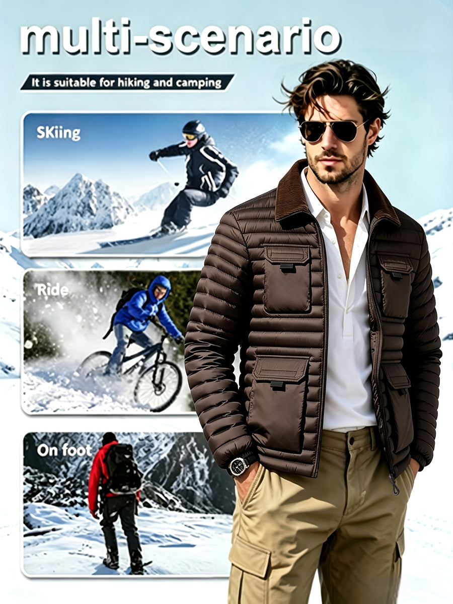 Men'S Horizontal Quilted Winter Jacket, Brown Corduroy Collar, 4-Pocket Utility Style with Ribbon Loops, Full-Zip Closure, Lightweight Warm Padded Coat, Suitable for Skiing, Riding, Hiking, Camping, Casual Commute And Business Attire - Coffee Color