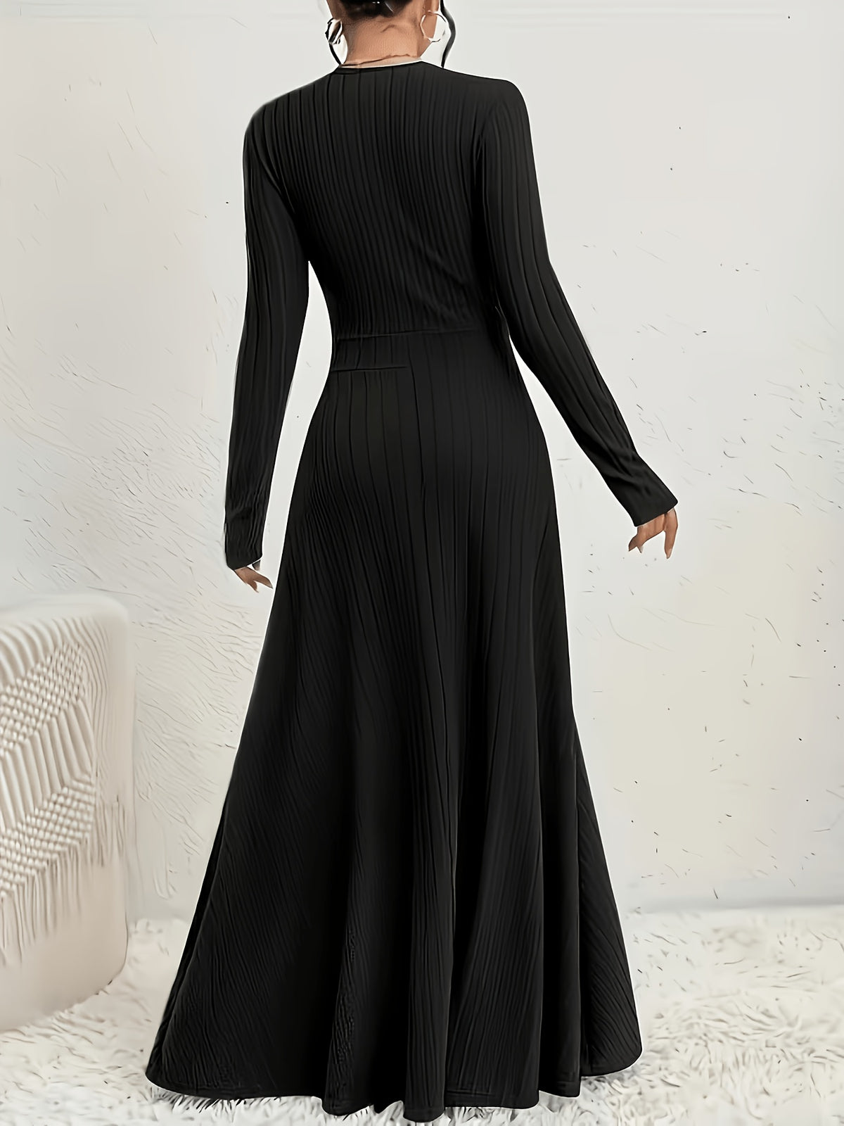 Women's A-Line Dress with Cross Neckline & Sleeves - Soft Stretch Midi Dress for All Seasons, Machine Washable Solid Color Elegant Casual to Formal Wear, Formal Attire, Construction - Black