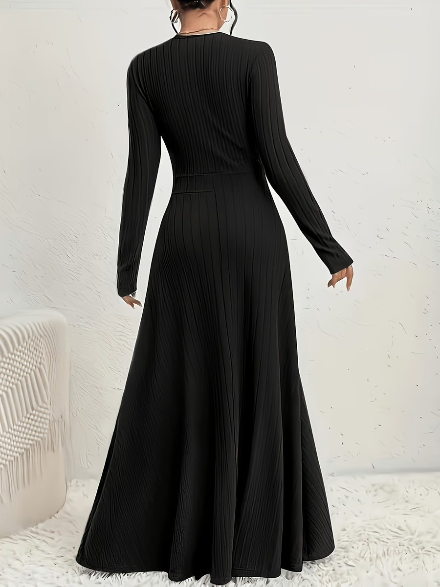 Women's A-Line Dress with Cross Neckline & Sleeves - Soft Stretch Midi Dress for All Seasons, Machine Washable Solid Color Elegant Casual to Formal Wear, Formal Attire, Construction - Black