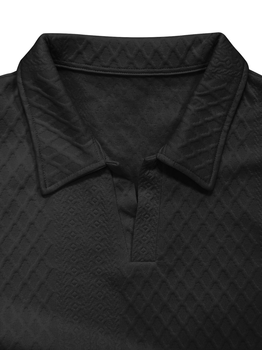 Versatile and Practical Men's Diamond-pattern Long-sleeve Polo Pullover with Lapel Collar, European and American Style, Suitable for Commuting and Outings (texture May Vary) - Black