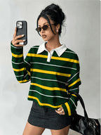 [Printed Design – Not Textured] Women's New Long-Sleeve Fashionable and Versatile Polo Shirt, American Vintage Striped Style in Black, Light Blue, and White Contrasting Horizontal Stripes with White Collar and Printed Long Sleeves. A Flattering - Green