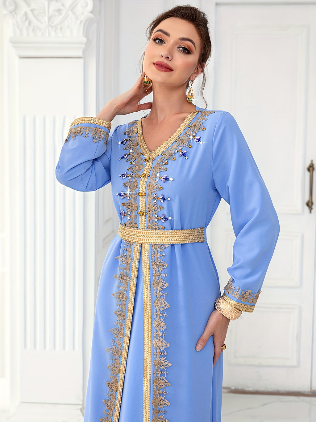 Light Blue Ribbon Hand-sewn Rhinestone Long-sleeve 2-in-1 Look Dress, Elegant and Fashionable Long Dress for Spring Travel - Light Blue