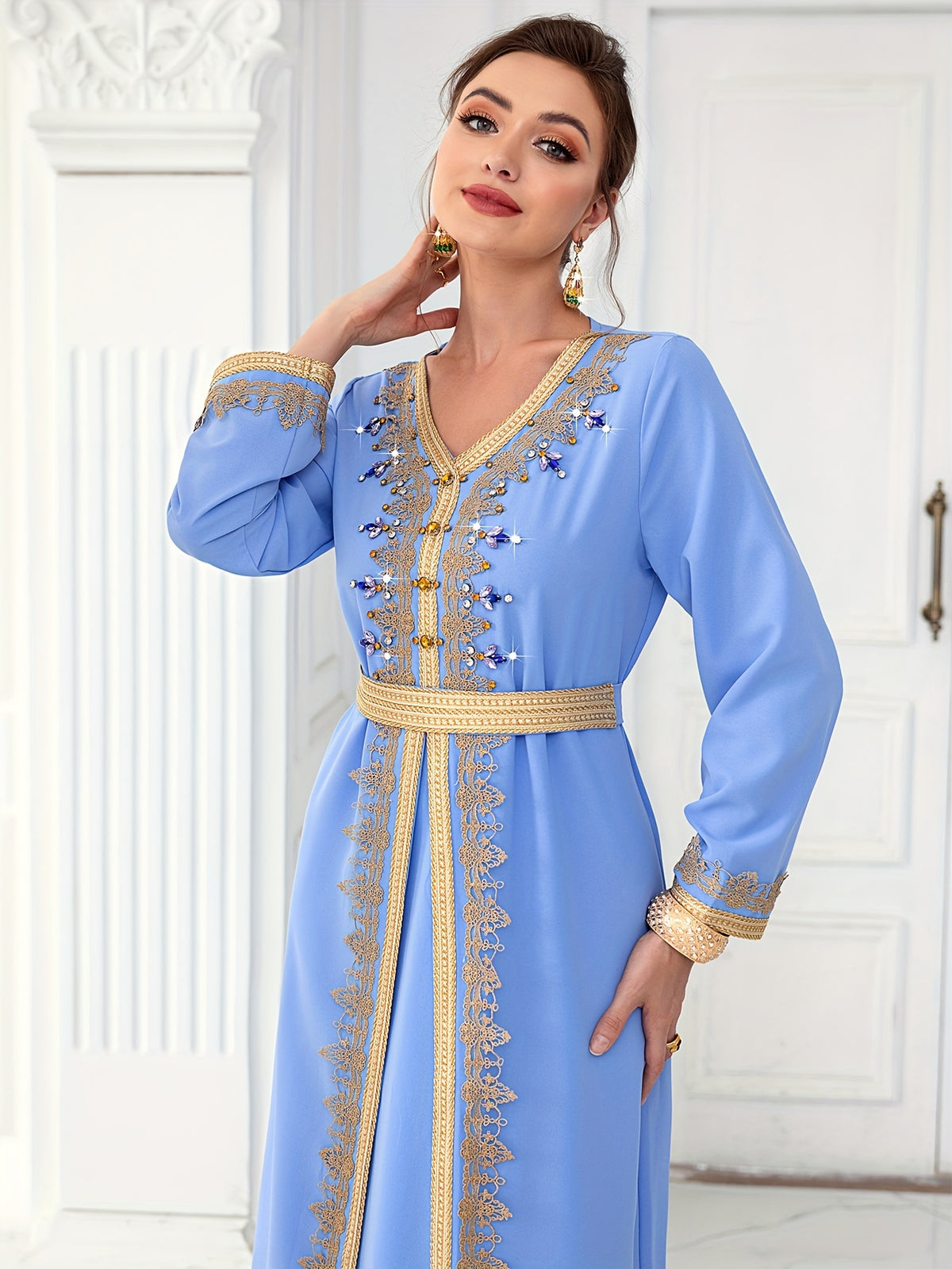 Light Blue Ribbon Hand-sewn Rhinestone Long-sleeve 2-in-1 Look Dress, Elegant and Fashionable Long Dress for Spring Travel - Light Blue