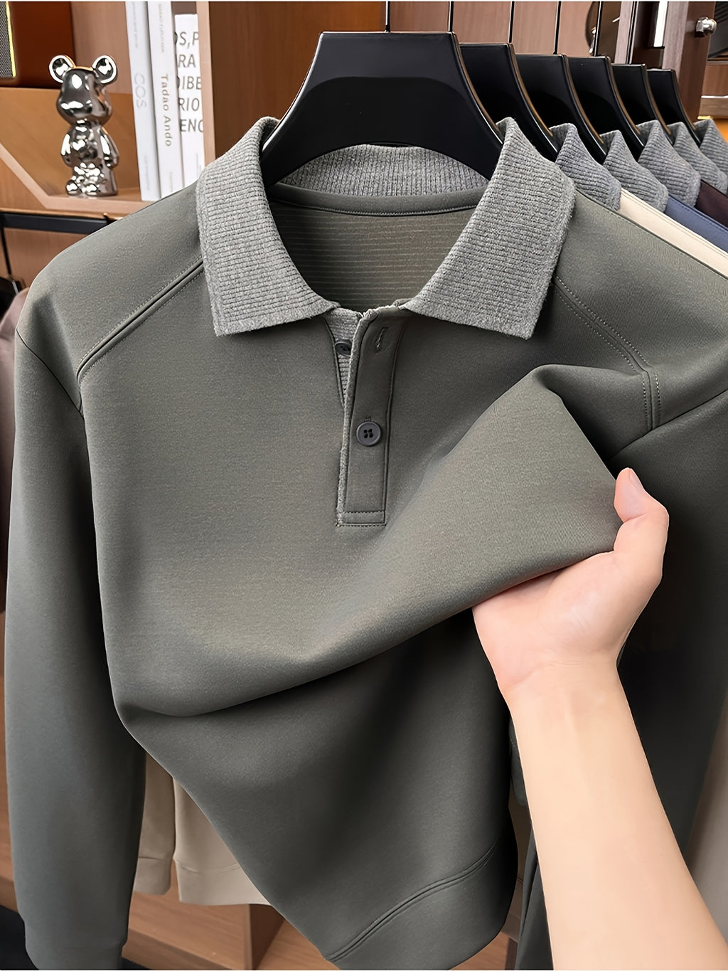 Autumn Contrast Collar Long Sleeve Polo Shirt, Men'S Drop Shoulder Knit Pullover, Spring Autumn Business Casual Base Layer Top, Loose Patchwork Collar T-Shirt, Casual Fishing Top - Dark Gray