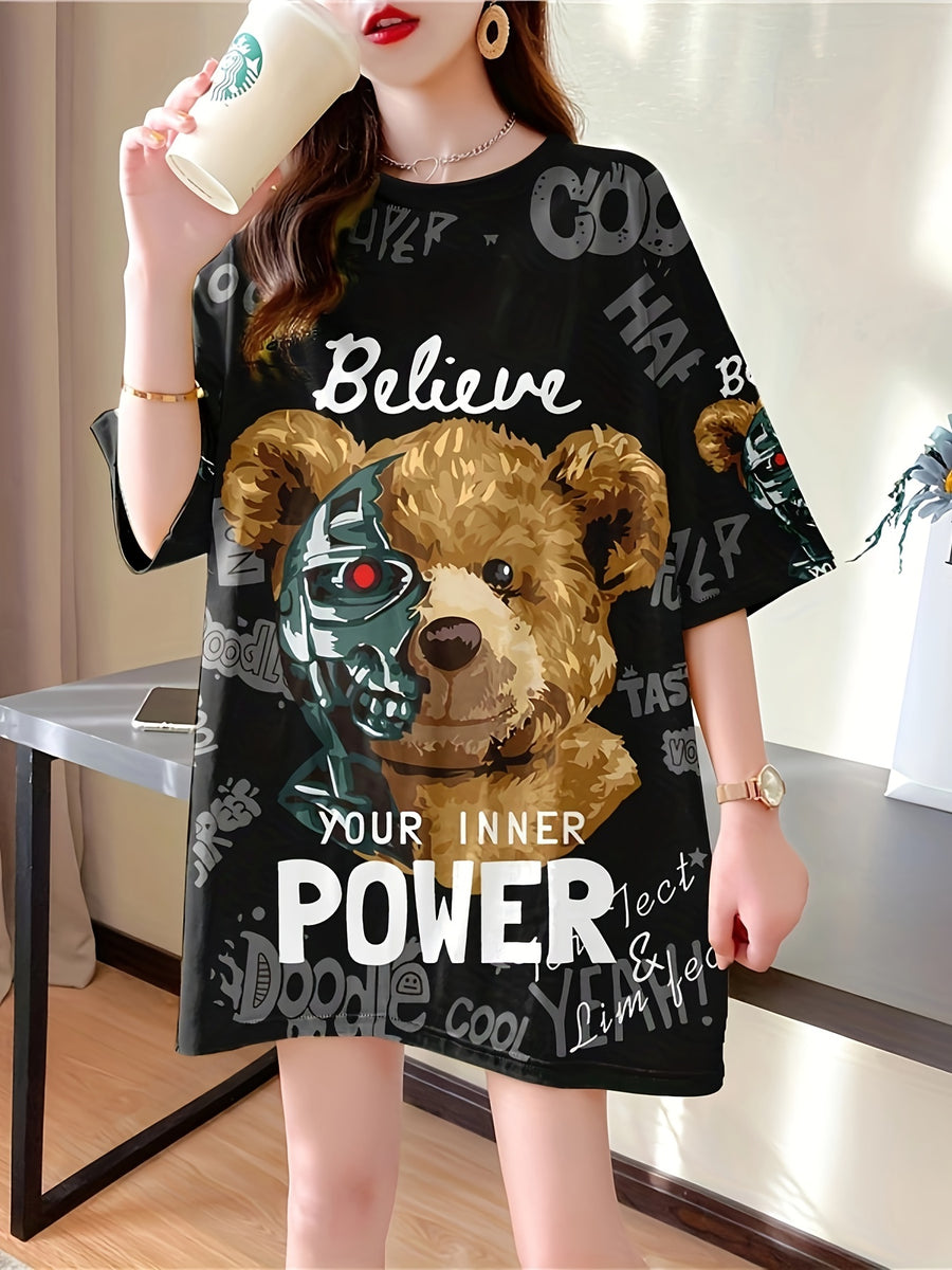 Women's Plus Size Oversized Graphic T-Shirt - Cute Cartoon Bear & Inspirational Text Print, Breathable Stretchy Fabric, Longline Casual Top for Spring Summer Fall, Bear T Shirt, Spring Fashion, Round Neckline, Nontransparent Material, Machine Washable - K170-B