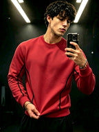 Men's Crewneck Sweatshirt, a Versatile Casual Top for Spring and Autumn, Featuring Side Line Detailing. Suitable for Daily Commutes, Streetwear Outings, Light Sports, and Casual Gatherings, This Basic Men's Sweatshirt Is Easy to Pair with Any Outfit - Red