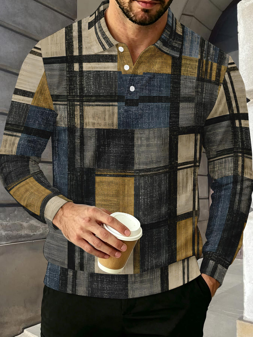 Color-Block Men'S Long Sleeve Polo Shirt, Lapel 3-Button Casual Top, Oil Painting Block Plaid Contrast Print, Spring Autumn Business Commute Golf Versatile Men'S Wear, Teenager Men'S Birthday Holiday Surprise Gift - Mixed Color C