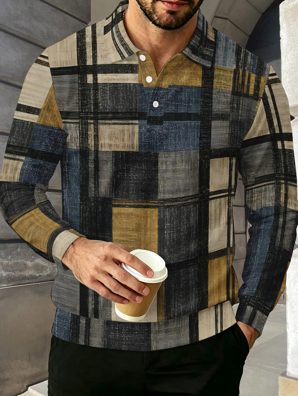 Color-Block Men'S Long Sleeve Polo Shirt, Lapel 3-Button Casual Top, Oil Painting Block Plaid Contrast Print, Spring Autumn Business Commute Golf Versatile Men'S Wear, Teenager Men'S Birthday Holiday Surprise Gift - Mixed Color C