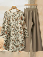 Women's Fashionable and Elegant Bohemian Print Long Sleeve and Long Pants Set - khaki flower type