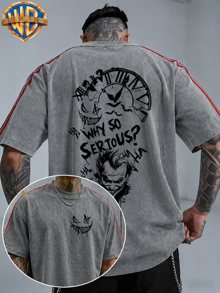 WB Warner Bros. Official License, American Dark Punk Hand-Drawn Creation, Classic Joker Quote with Bat Elements Retro Atmosphere T-Shirt, Men'S Loose Retro Street Casual Short Sleeve Top - Grey